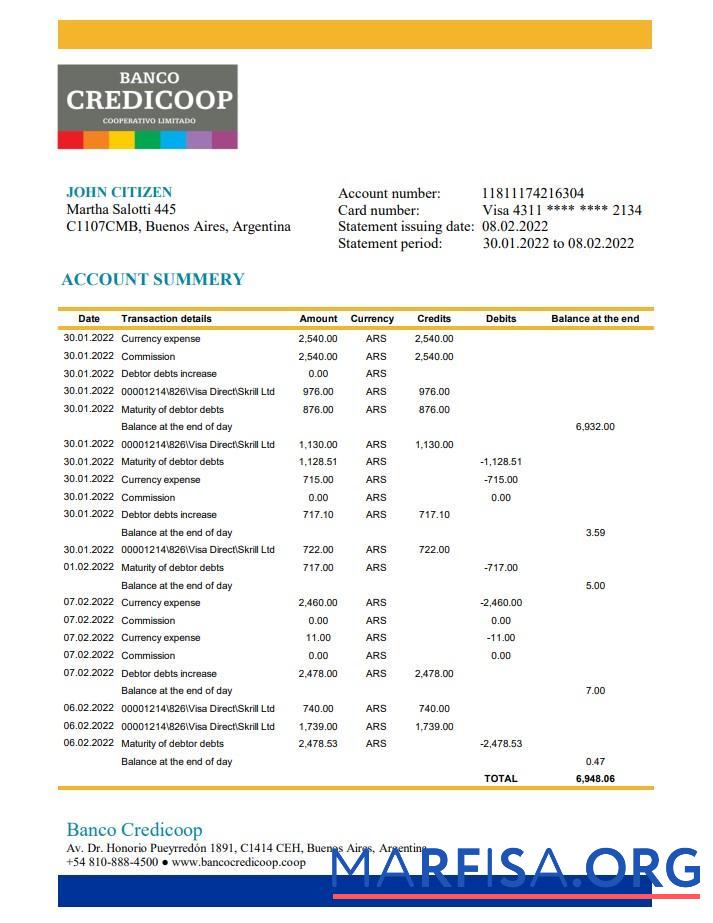Printable Argentina Banco Credicoop bank statement excel example